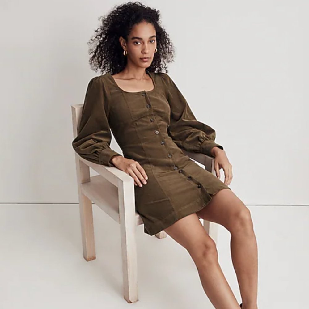 Madwell Corduroy Seamed Long-Sleeve Mini Dress